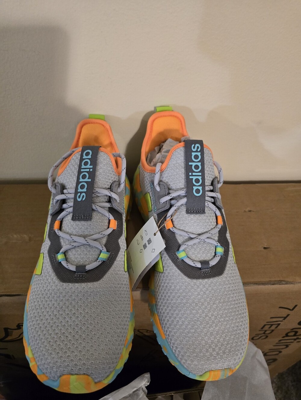 Adidas Womens Grey Sneakers with Orange and Neon Yellow Accents